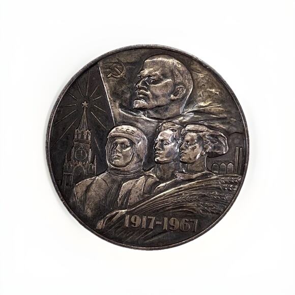 Russia 50th Anniversary Of Soviet Union 925 Sterling Silver Table Medal - Picture 1 of 11